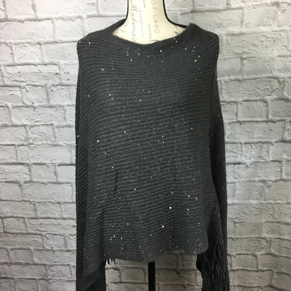 Grey Poncho with Sequins and Fringe